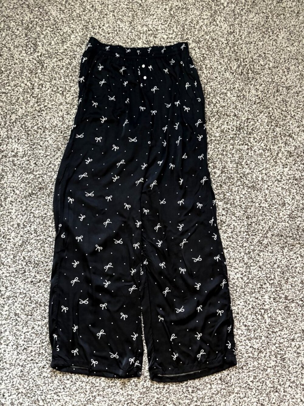 Aerie Black Satin Bow Print Wide Leg Pajama Pants Polka Dot Button Fly Size XS